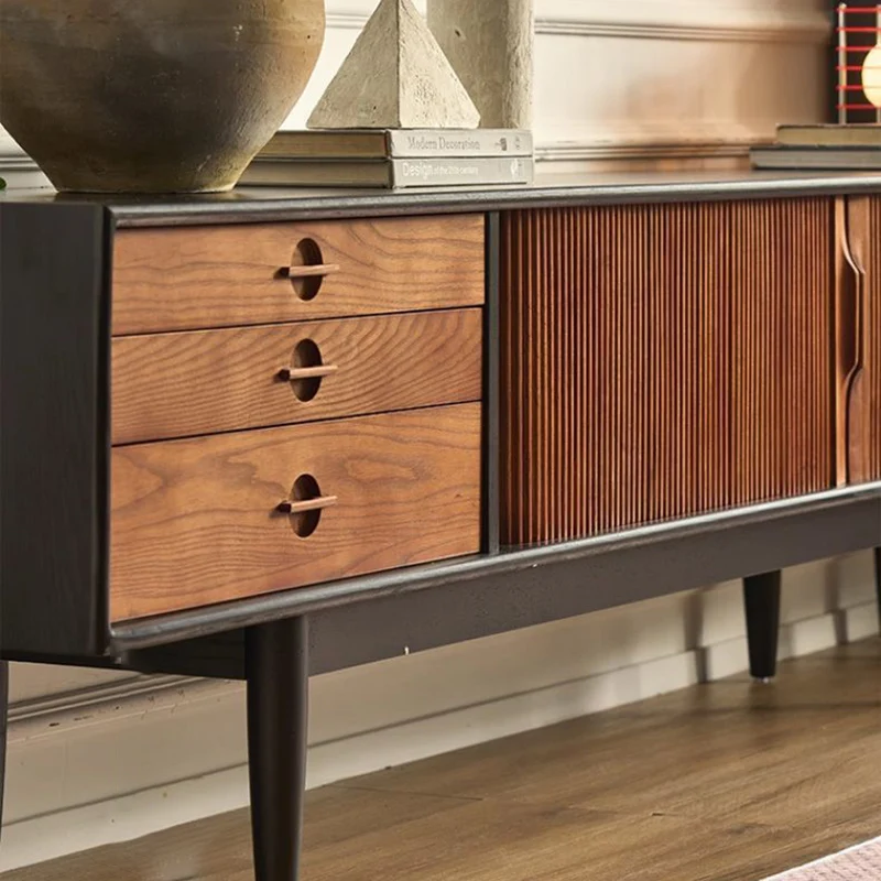 Contemporary Retro Solid Ash Wood & Plywood Rectangular TV Stand With 3 Drawers & 3 Shelves For Living Room