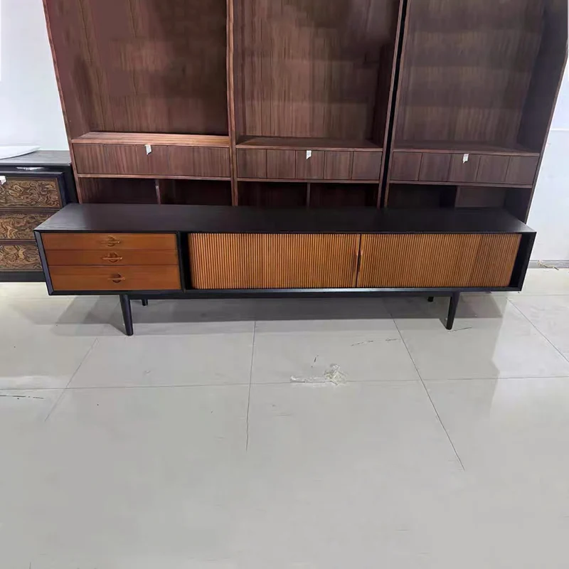 Contemporary Retro Solid Ash Wood & Plywood Rectangular TV Stand With 3 Drawers & 3 Shelves For Living Room