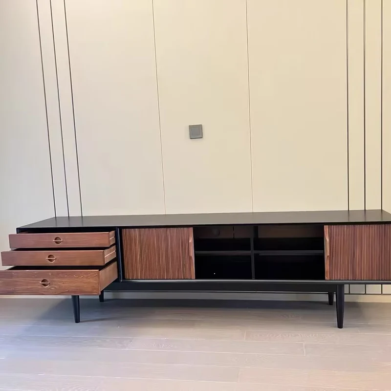 Contemporary Retro Solid Ash Wood & Plywood Rectangular TV Stand With 3 Drawers & 3 Shelves For Living Room