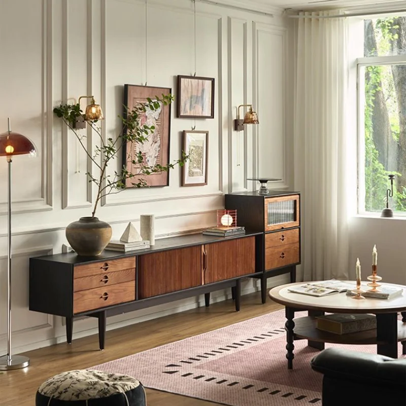 Contemporary Retro Solid Ash Wood & Plywood Rectangular TV Stand With 3 Drawers & 3 Shelves For Living Room