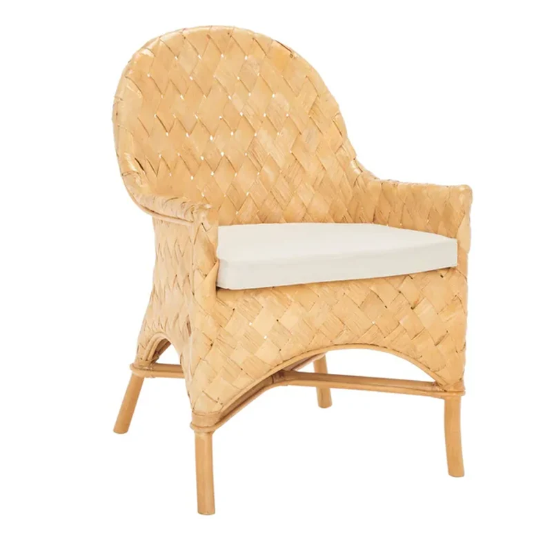 Handwoven Rattan Lounge Chair With Armrest - Contemporary Nordic Balcony & Patio & Living Room Indoor Outdoor Accent Chair With Waterproof Cushion
