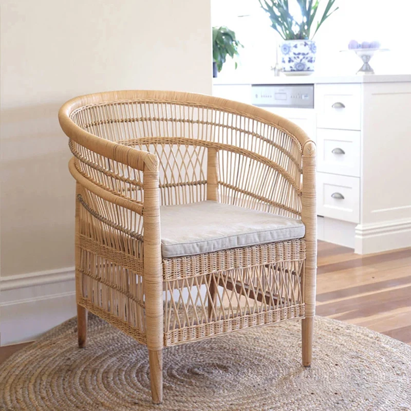 Contemporary Nordic Handwoven Natural Rattan Accent Chair With Round Backrest - Breathable Indoor & Outdoor Lounge Chair For Balcony & Garden