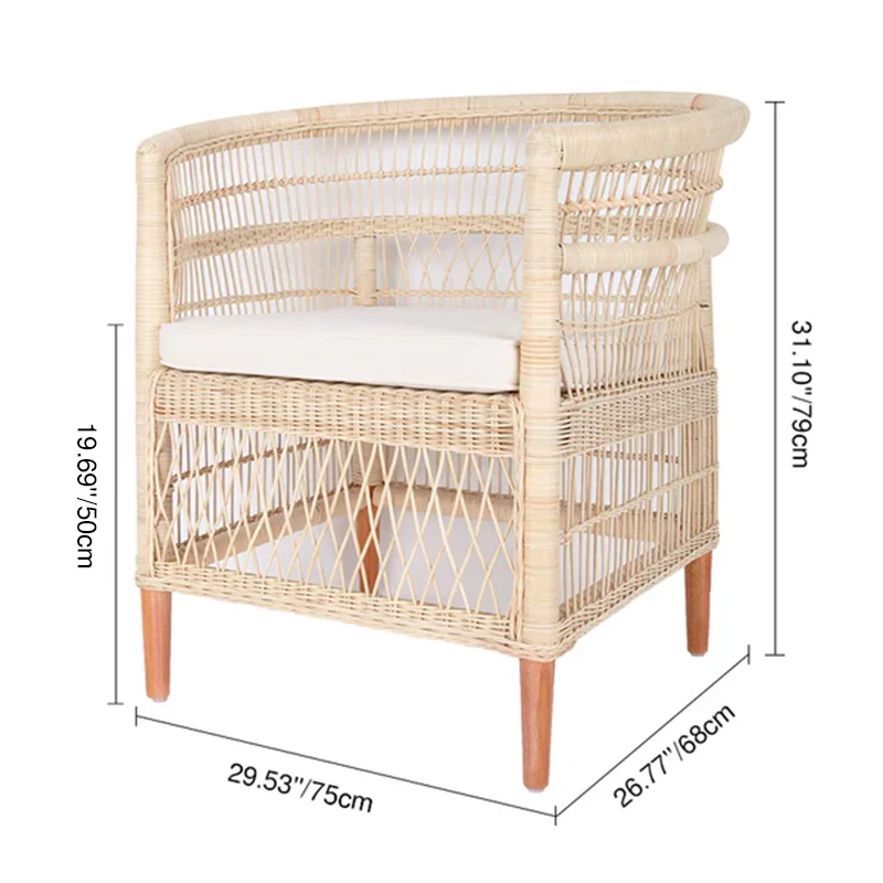 Contemporary Nordic Handwoven Natural Rattan Accent Chair With Round Backrest - Breathable Indoor & Outdoor Lounge Chair For Balcony & Garden