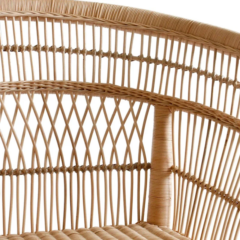 Contemporary Nordic Handwoven Natural Rattan Accent Chair With Round Backrest - Breathable Indoor & Outdoor Lounge Chair For Balcony & Garden
