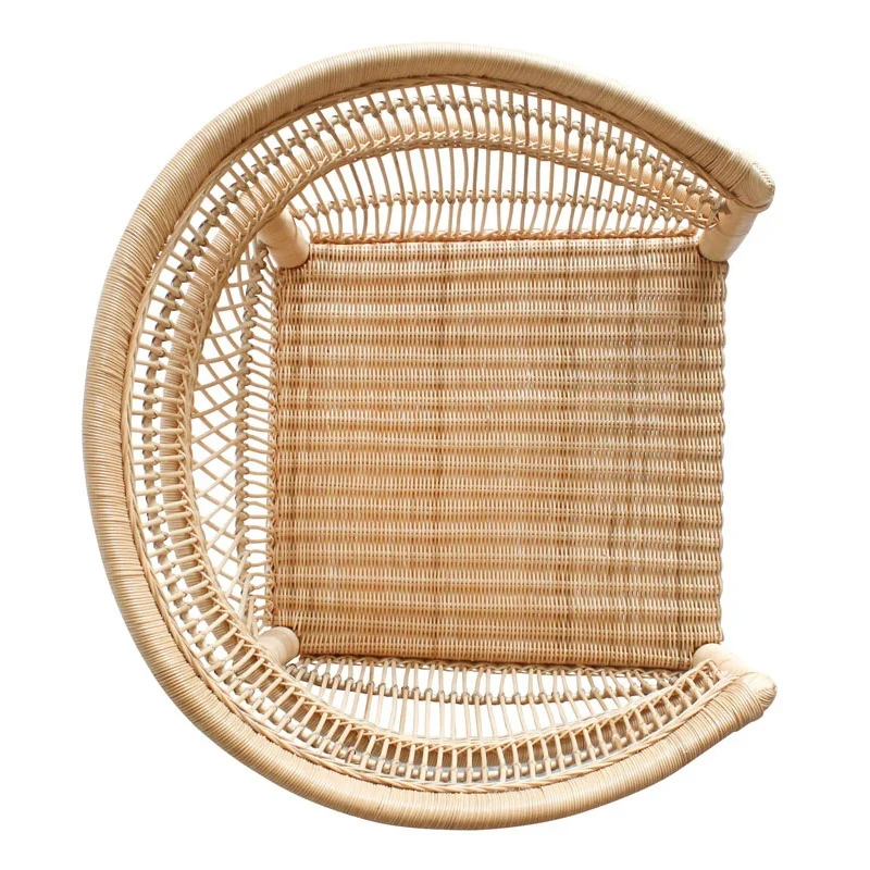 Contemporary Nordic Handwoven Natural Rattan Accent Chair With Round Backrest - Breathable Indoor & Outdoor Lounge Chair For Balcony & Garden