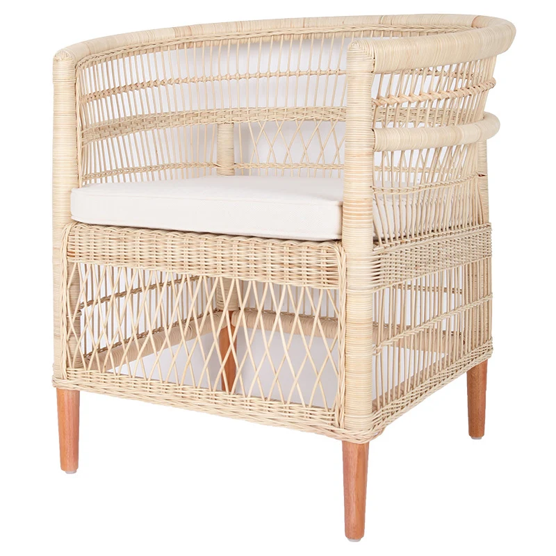 Contemporary Nordic Handwoven Natural Rattan Accent Chair With Round Backrest - Breathable Indoor & Outdoor Lounge Chair For Balcony & Garden