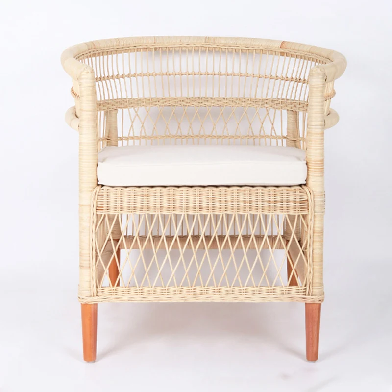 Contemporary Nordic Handwoven Natural Rattan Accent Chair With Round Backrest - Breathable Indoor & Outdoor Lounge Chair For Balcony & Garden