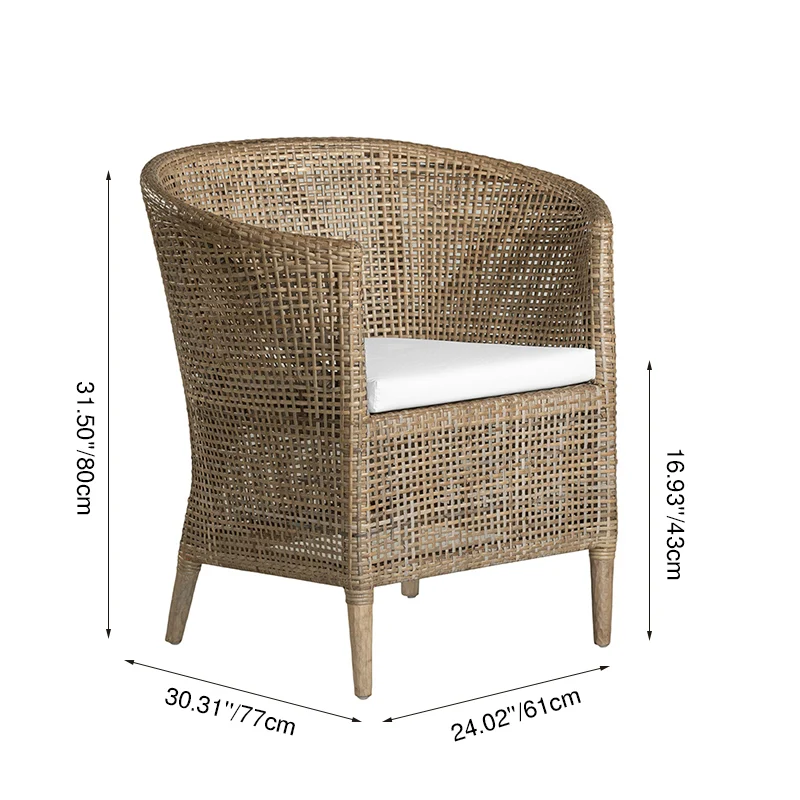 Handwoven Rattan Solid Wood Lounge Chair For Balcony & Patio - Contemporary Nordic Indoor Outdoor Relaxing Accent Chair With Waterproof Cushion