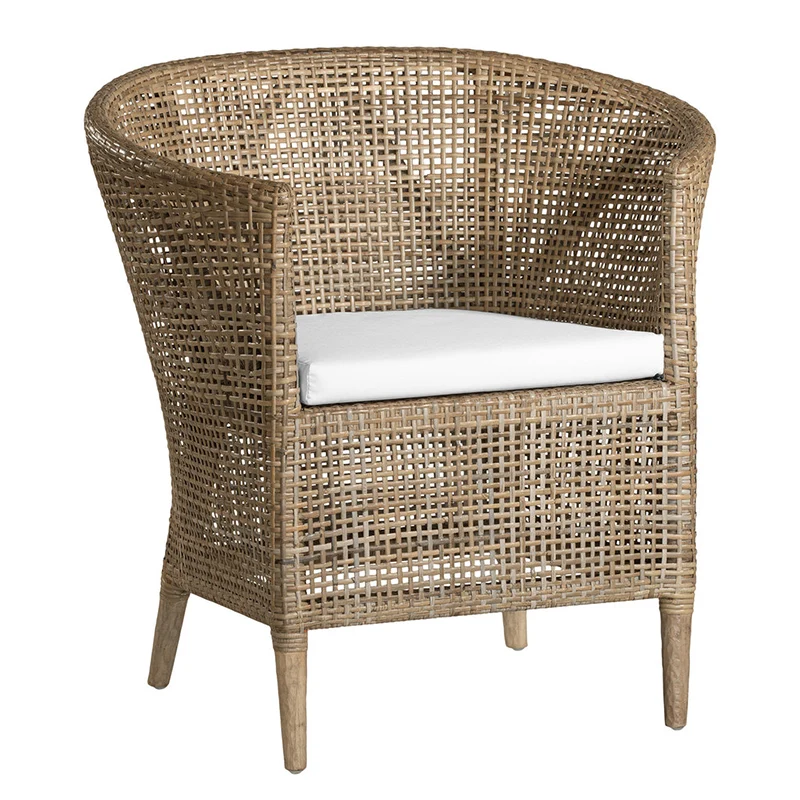 Handwoven Rattan Solid Wood Lounge Chair For Balcony & Patio - Contemporary Nordic Indoor Outdoor Relaxing Accent Chair With Waterproof Cushion