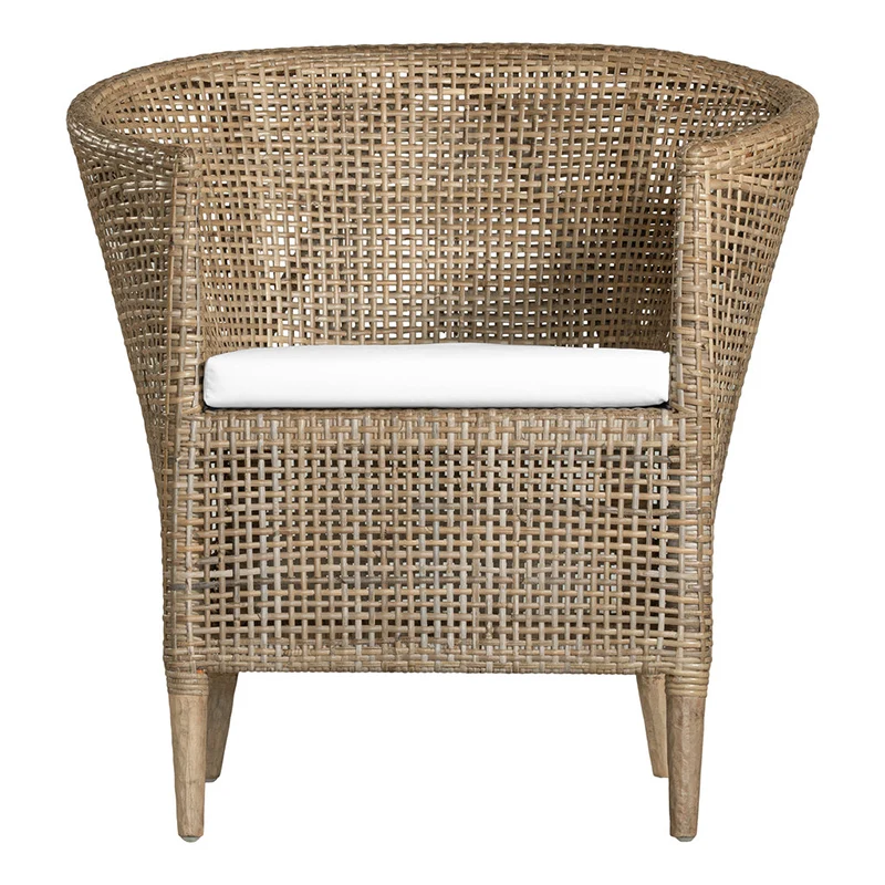 Handwoven Rattan Solid Wood Lounge Chair For Balcony & Patio - Contemporary Nordic Indoor Outdoor Relaxing Accent Chair With Waterproof Cushion