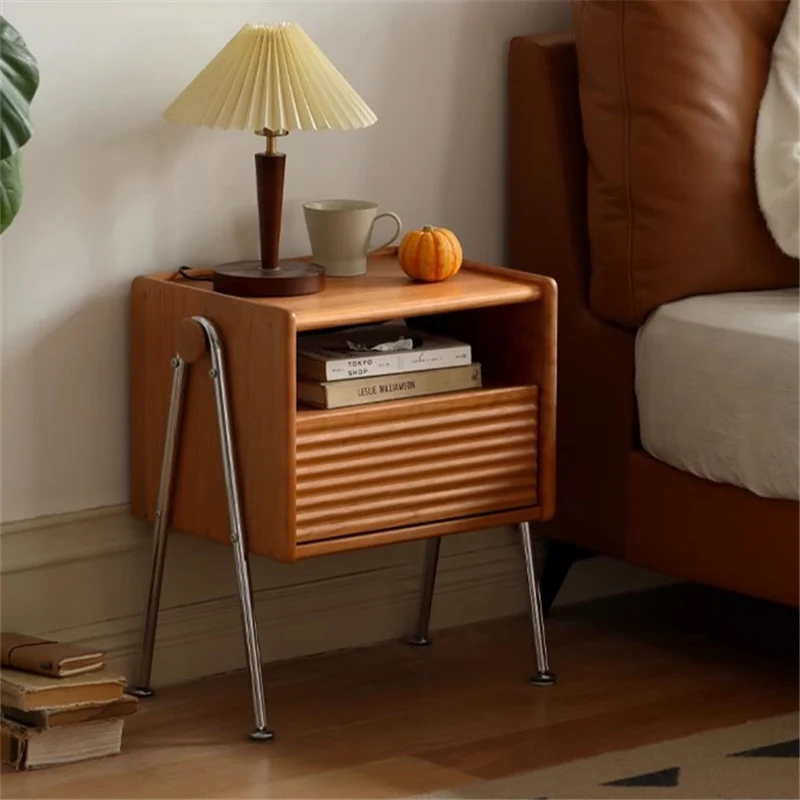 Traditional Vintage Pine Stainless Steel Wavy V-Frame Square Nightstand 1-Drawer For Bedroom