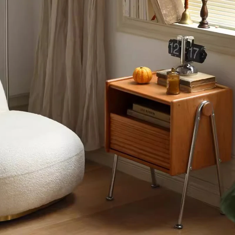 Traditional Vintage Pine Stainless Steel Wavy V-Frame Square Nightstand 1-Drawer For Bedroom