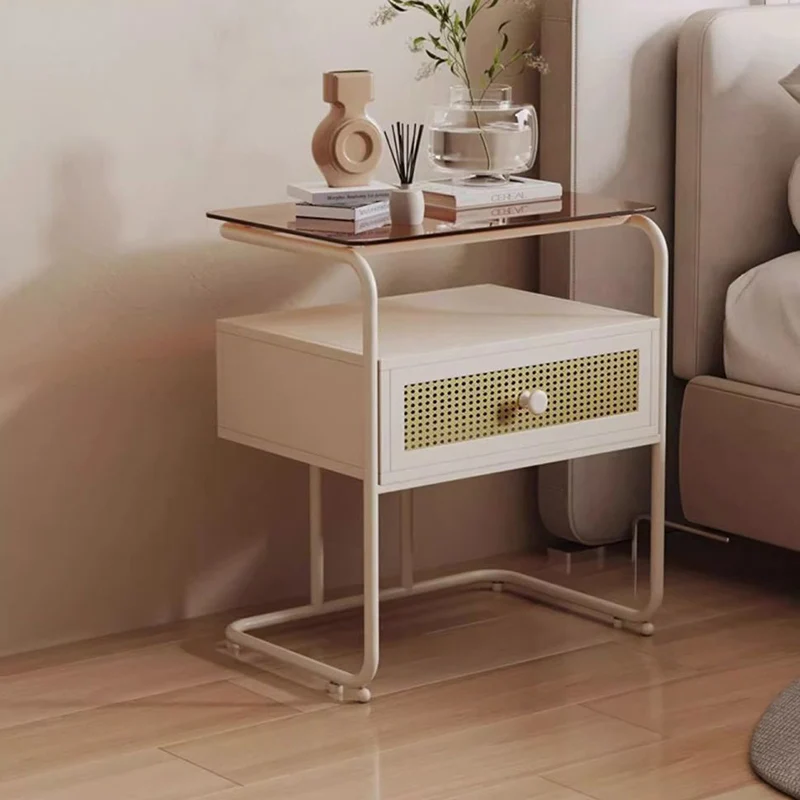 Contemporary Creative Tempered Glass Iron Synthetic Rattan Rounded Square Nightstand 2-Tier For Bedroom