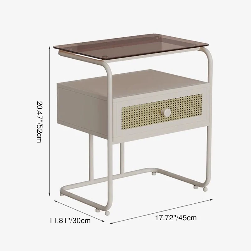 Contemporary Creative Tempered Glass Iron Synthetic Rattan Rounded Square Nightstand 2-Tier For Bedroom