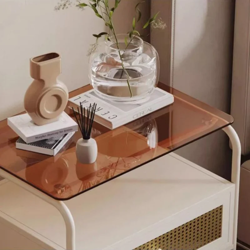 Contemporary Creative Tempered Glass Iron Synthetic Rattan Rounded Square Nightstand 2-Tier For Bedroom