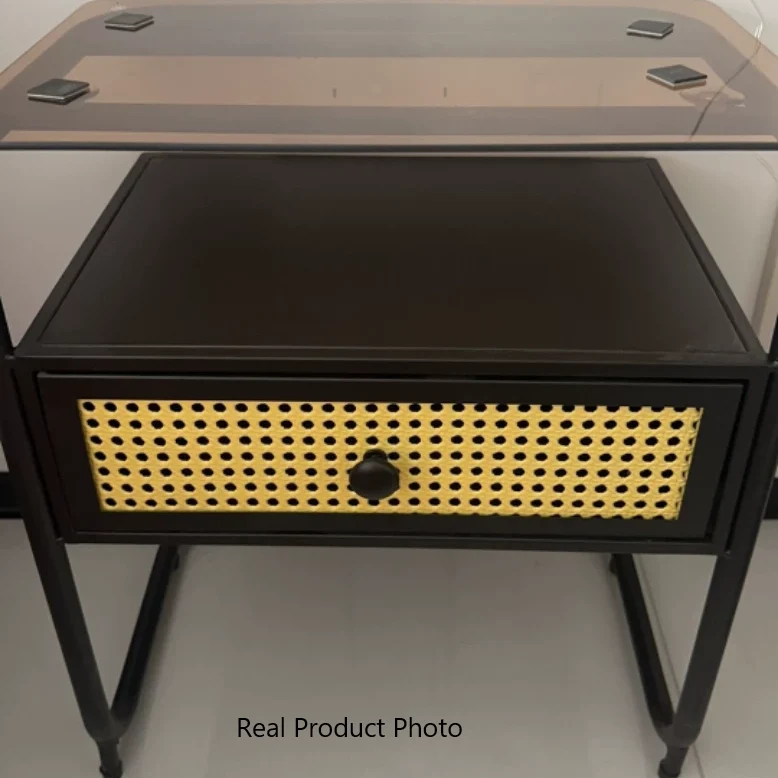 Contemporary Creative Tempered Glass Iron Synthetic Rattan Rounded Square Nightstand 2-Tier For Bedroom