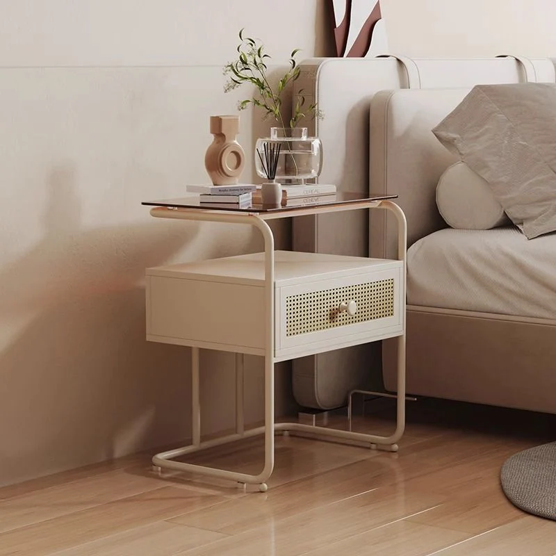 Contemporary Creative Tempered Glass Iron Synthetic Rattan Rounded Square Nightstand 2-Tier For Bedroom