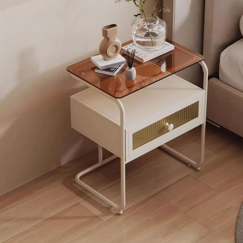 Contemporary Creative Tempered Glass Iron Synthetic Rattan Rounded Square Nightstand 2-Tier For Bedroom