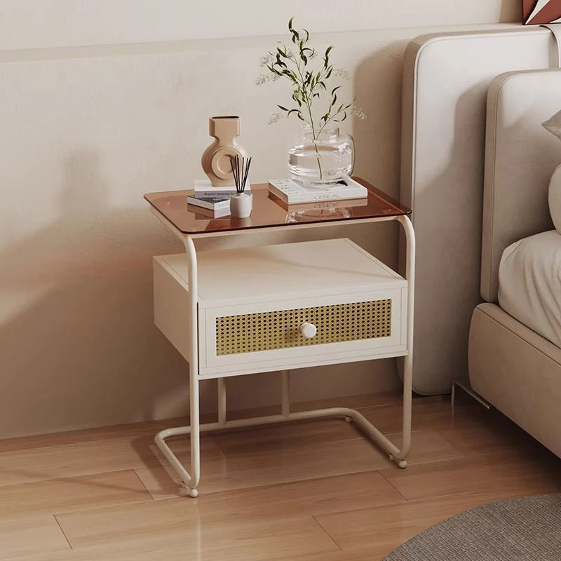 Contemporary Creative Tempered Glass Iron Synthetic Rattan Rounded Square Nightstand 2-Tier For Bedroom
