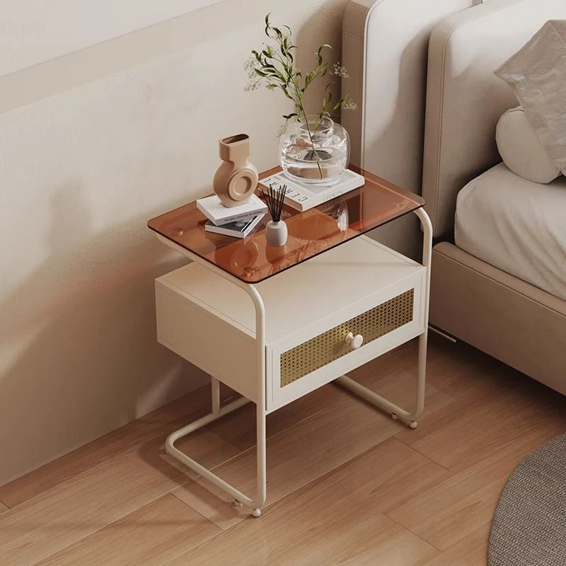 Contemporary Creative Tempered Glass Iron Synthetic Rattan Rounded Square Nightstand 2-Tier For Bedroom