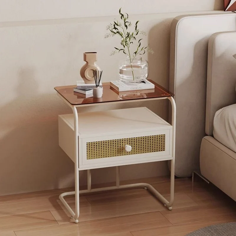 Contemporary Creative Tempered Glass Iron Synthetic Rattan Rounded Square Nightstand 2-Tier For Bedroom