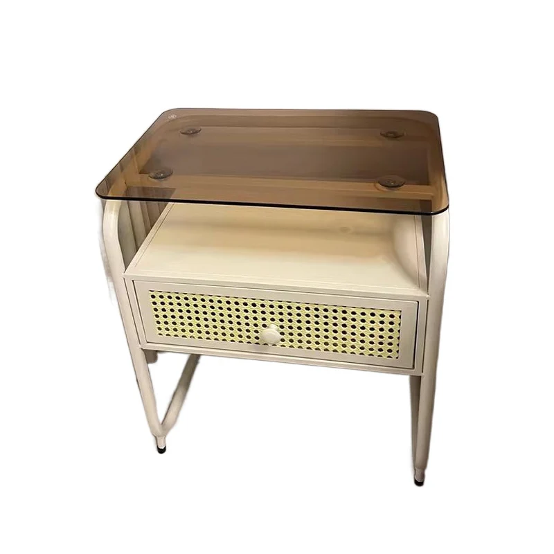 Contemporary Creative Tempered Glass Iron Synthetic Rattan Rounded Square Nightstand 2-Tier For Bedroom