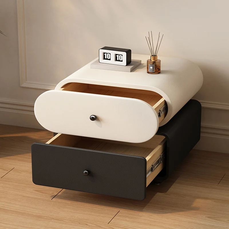 Contemporary Scandinavian Pine Cat-Scratch-Resistant Leather Oval Square Ball Nightstand 2-Drawer For Bedroom