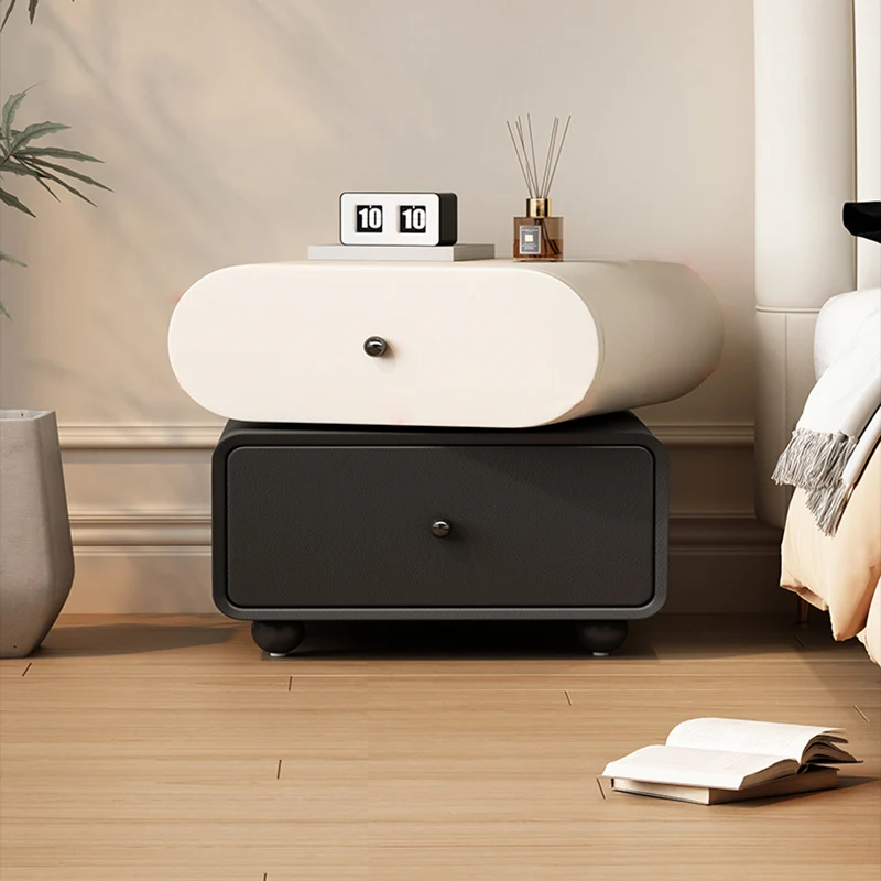 Contemporary Scandinavian Pine Cat-Scratch-Resistant Leather Oval Square Ball Nightstand 2-Drawer For Bedroom