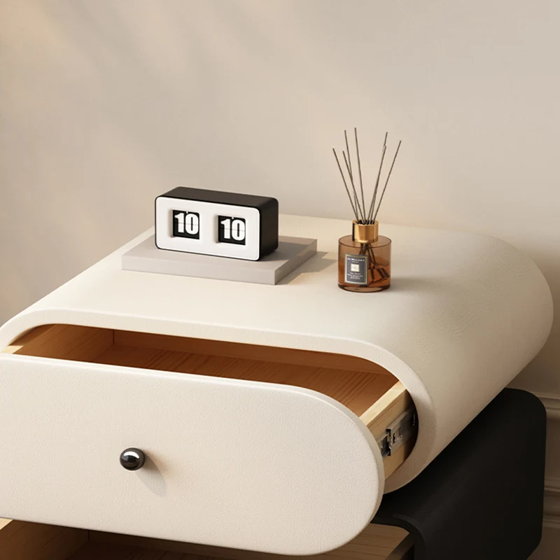 Contemporary Scandinavian Pine Cat-Scratch-Resistant Leather Oval Square Ball Nightstand 2-Drawer For Bedroom