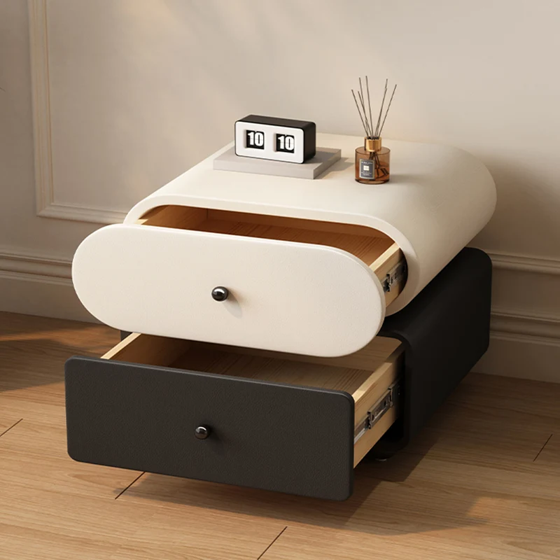 Contemporary Scandinavian Pine Cat-Scratch-Resistant Leather Oval Square Ball Nightstand 2-Drawer For Bedroom