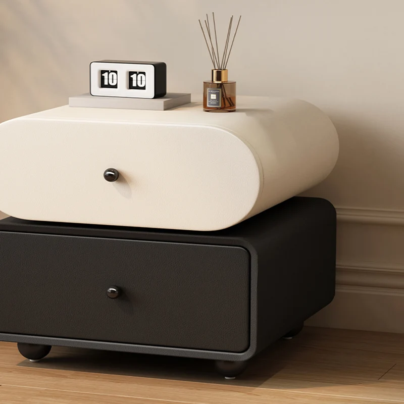 Contemporary Scandinavian Pine Cat-Scratch-Resistant Leather Oval Square Ball Nightstand 2-Drawer For Bedroom