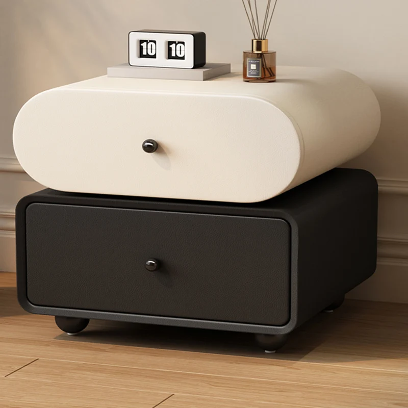 Contemporary Scandinavian Pine Cat-Scratch-Resistant Leather Oval Square Ball Nightstand 2-Drawer For Bedroom