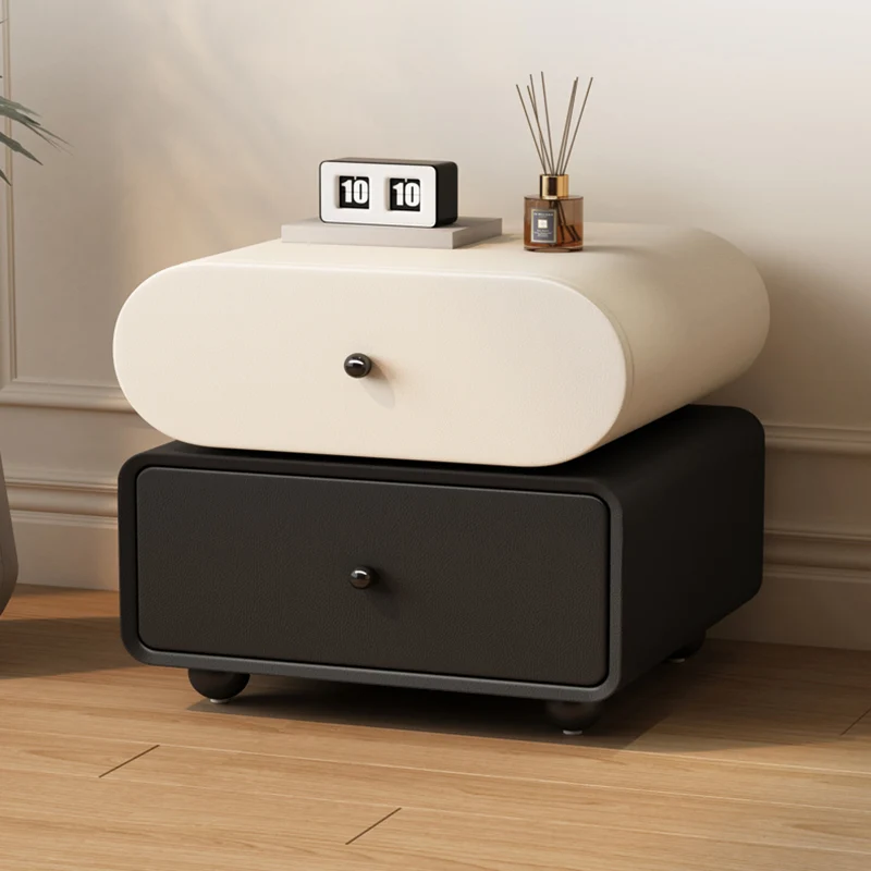 Contemporary Scandinavian Pine Cat-Scratch-Resistant Leather Oval Square Ball Nightstand 2-Drawer For Bedroom