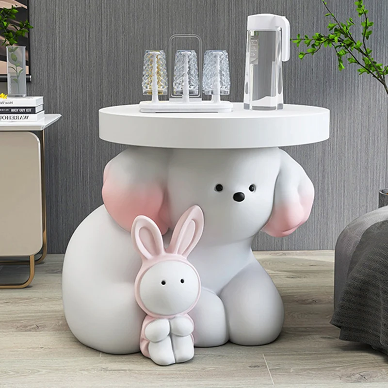 Modern Art Deco Resin Dog & Rabbit-Shaped Round End Table With 1-Tier For Living Room