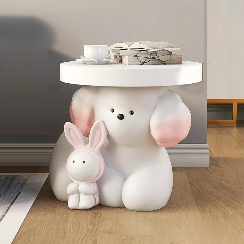 Modern Art Deco Resin Dog & Rabbit-Shaped Round End Table With 1-Tier For Living Room