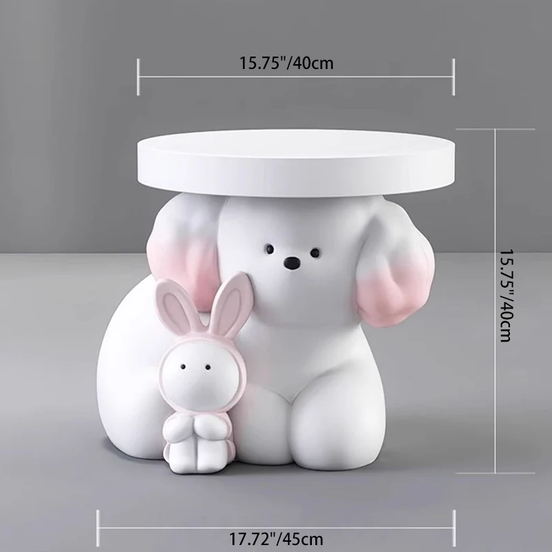 Modern Art Deco Resin Dog & Rabbit-Shaped Round End Table With 1-Tier For Living Room