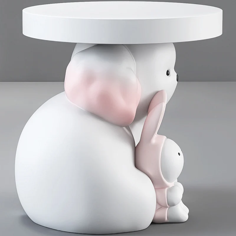 Modern Art Deco Resin Dog & Rabbit-Shaped Round End Table With 1-Tier For Living Room