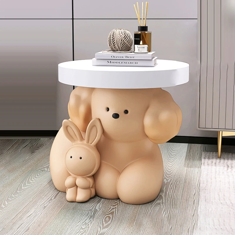 Modern Art Deco Resin Dog & Rabbit-Shaped Round End Table With 1-Tier For Living Room