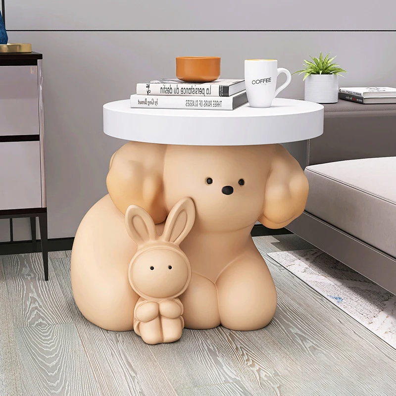 Modern Art Deco Resin Dog & Rabbit-Shaped Round End Table With 1-Tier For Living Room