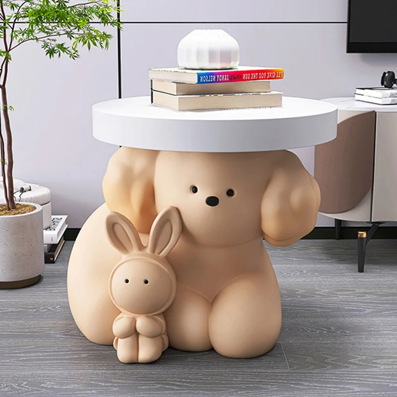 Modern Art Deco Resin Dog & Rabbit-Shaped Round End Table With 1-Tier For Living Room