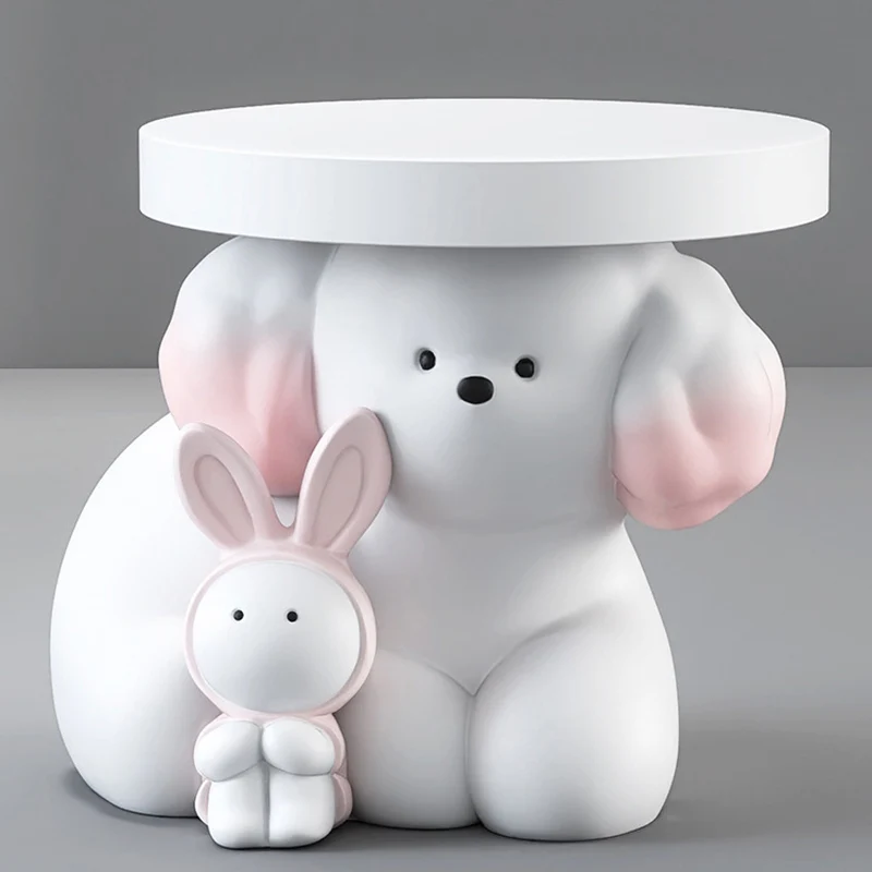 Modern Art Deco Resin Dog & Rabbit-Shaped Round End Table With 1-Tier For Living Room