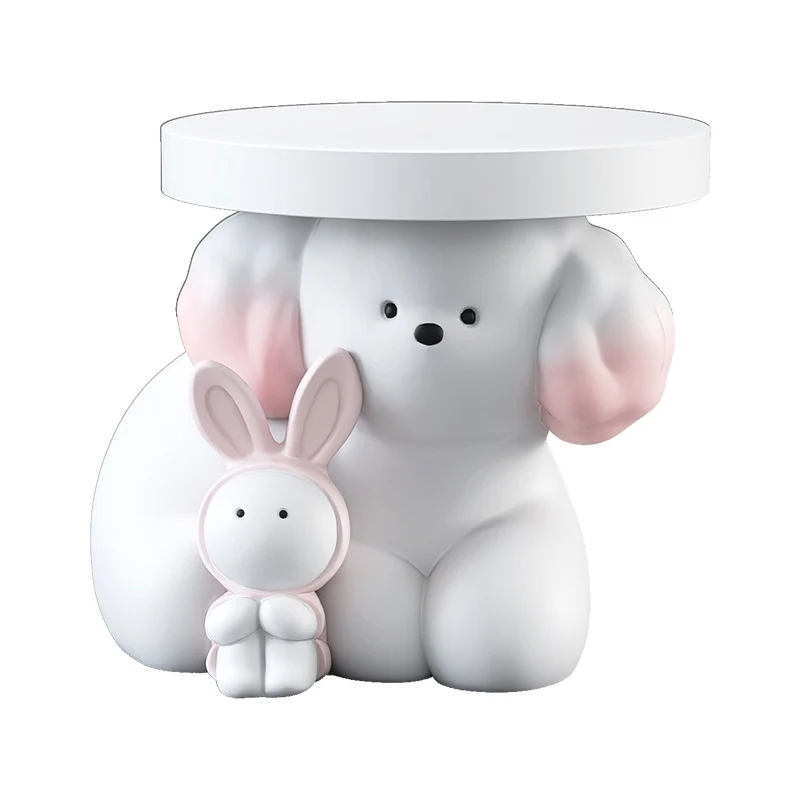 Modern Art Deco Resin Dog & Rabbit-Shaped Round End Table With 1-Tier For Living Room