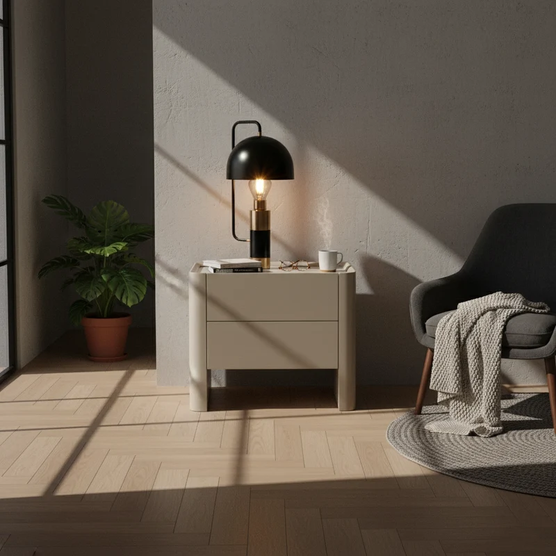 Traditional French Bedside Table - Rock Slab Tabletop & Light Vibe Nightstand 2-Drawer For Bedroom