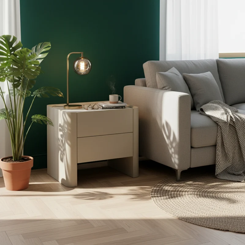 Traditional French Bedside Table - Rock Slab Tabletop & Light Vibe Nightstand 2-Drawer For Bedroom