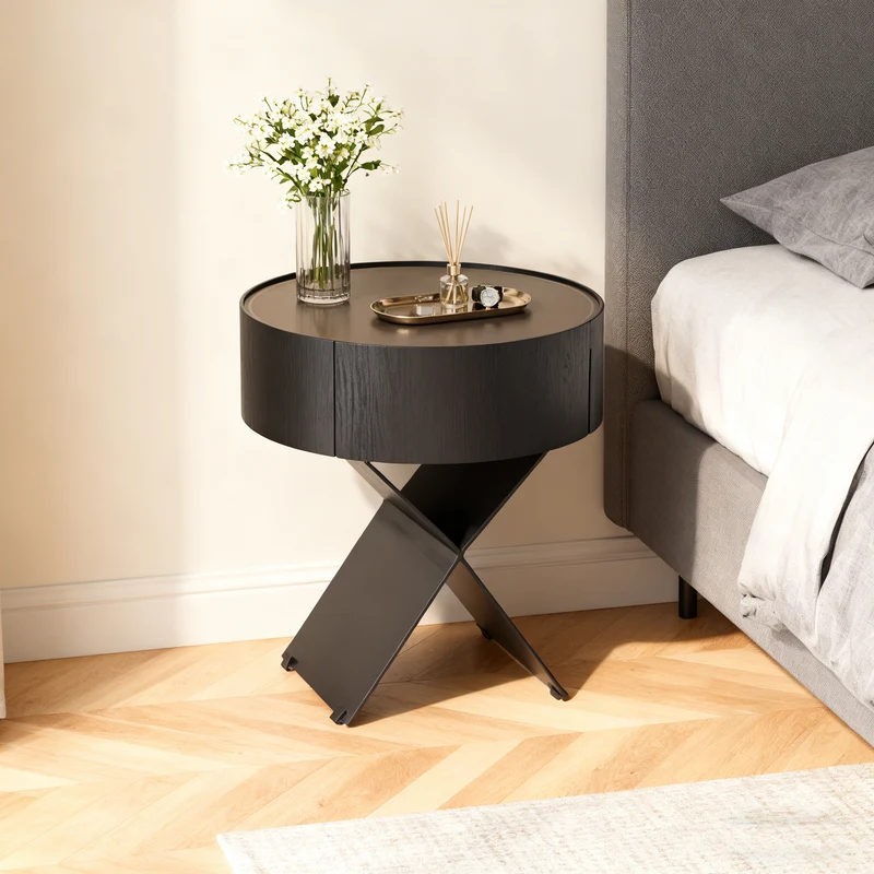 Contemporary Industrial Round Nightstand - Saddle-Style Faux Leather Finish Bedside Table 1-Drawer For Bedroom