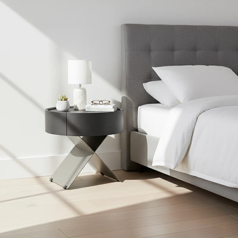 Contemporary Industrial Round Nightstand - Saddle-Style Faux Leather Finish Bedside Table 1-Drawer For Bedroom
