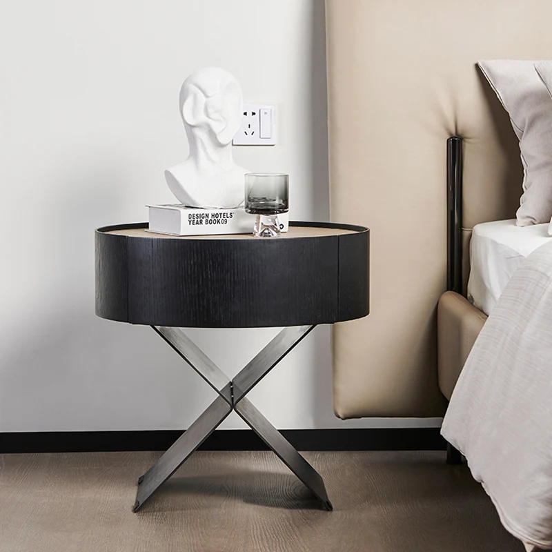 Contemporary Industrial Round Nightstand - Saddle-Style Faux Leather Finish Bedside Table 1-Drawer For Bedroom