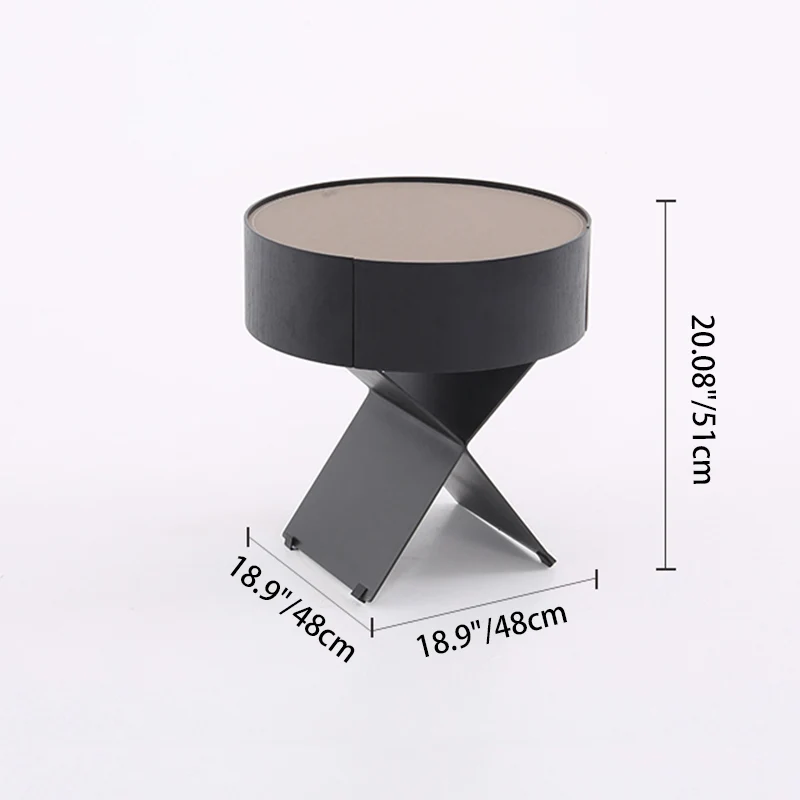 Contemporary Industrial Round Nightstand - Saddle-Style Faux Leather Finish Bedside Table 1-Drawer For Bedroom