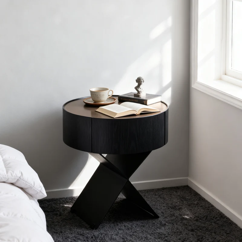 Contemporary Industrial Round Nightstand - Saddle-Style Faux Leather Finish Bedside Table 1-Drawer For Bedroom