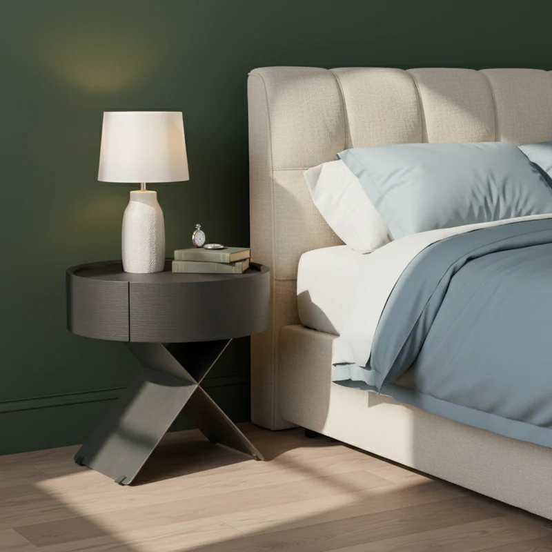 Contemporary Industrial Round Nightstand - Saddle-Style Faux Leather Finish Bedside Table 1-Drawer For Bedroom